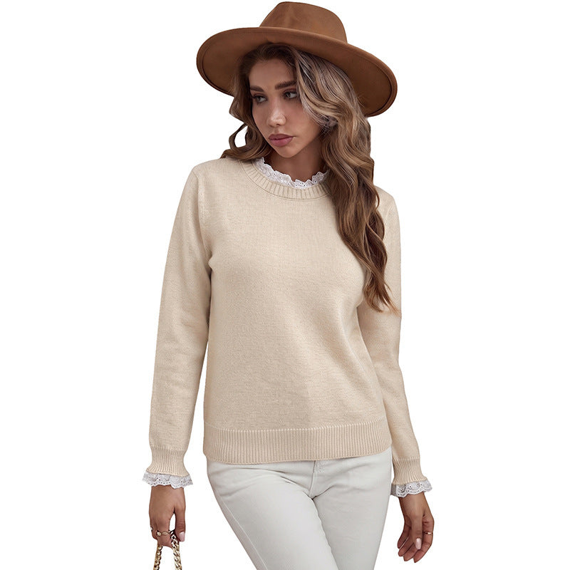 Women's Lace Detail Crew Neck Sweater - Soft Feminine Everyday Knit