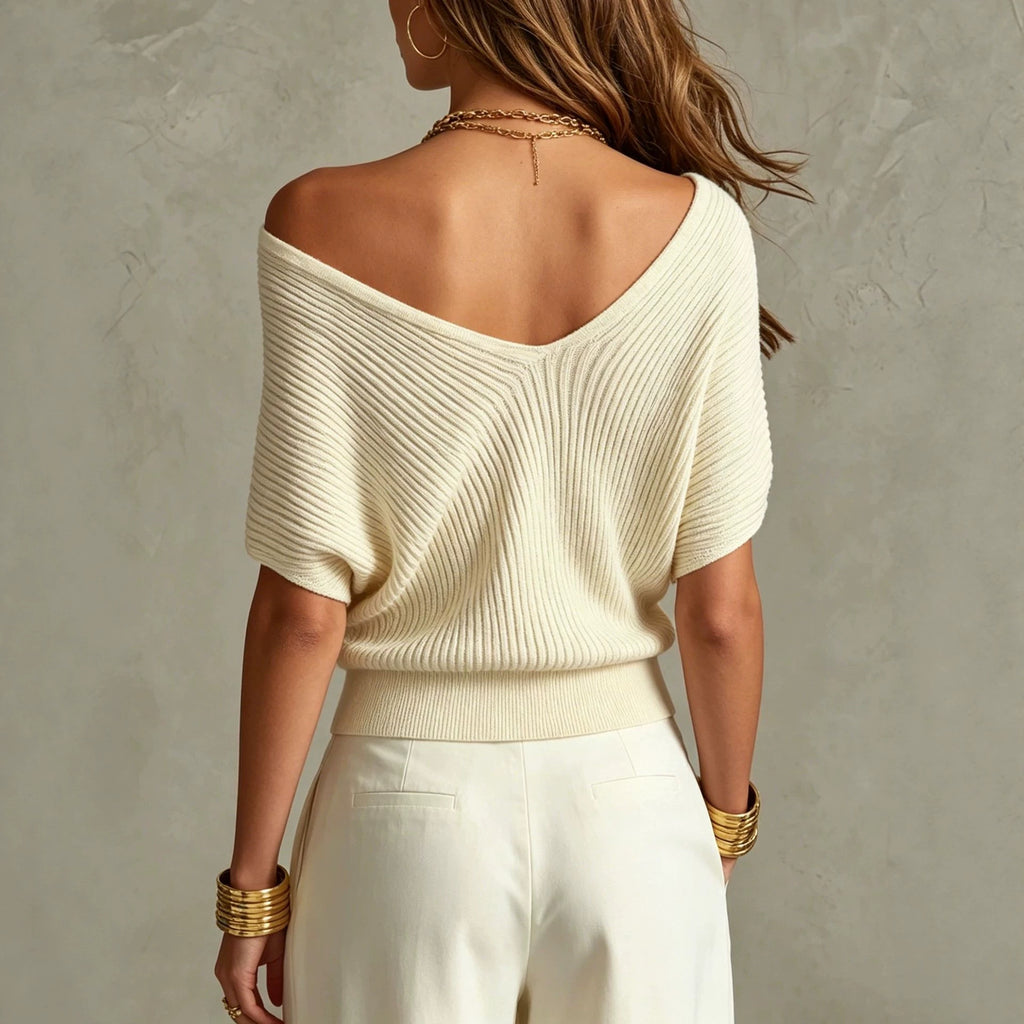 Women's Deep V Knit Top - Batwing Short Sleeve Soft Pullover