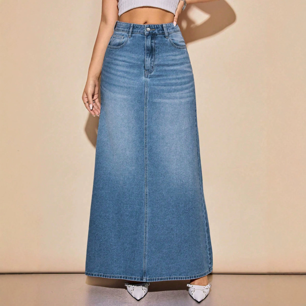 Washed Denim Long Skirt - Casual and Versatile