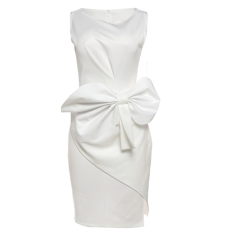 Women’s Solid-Color Bowknot Dress – Elegant Slim Sleeveless Casual & Office Party Outfit