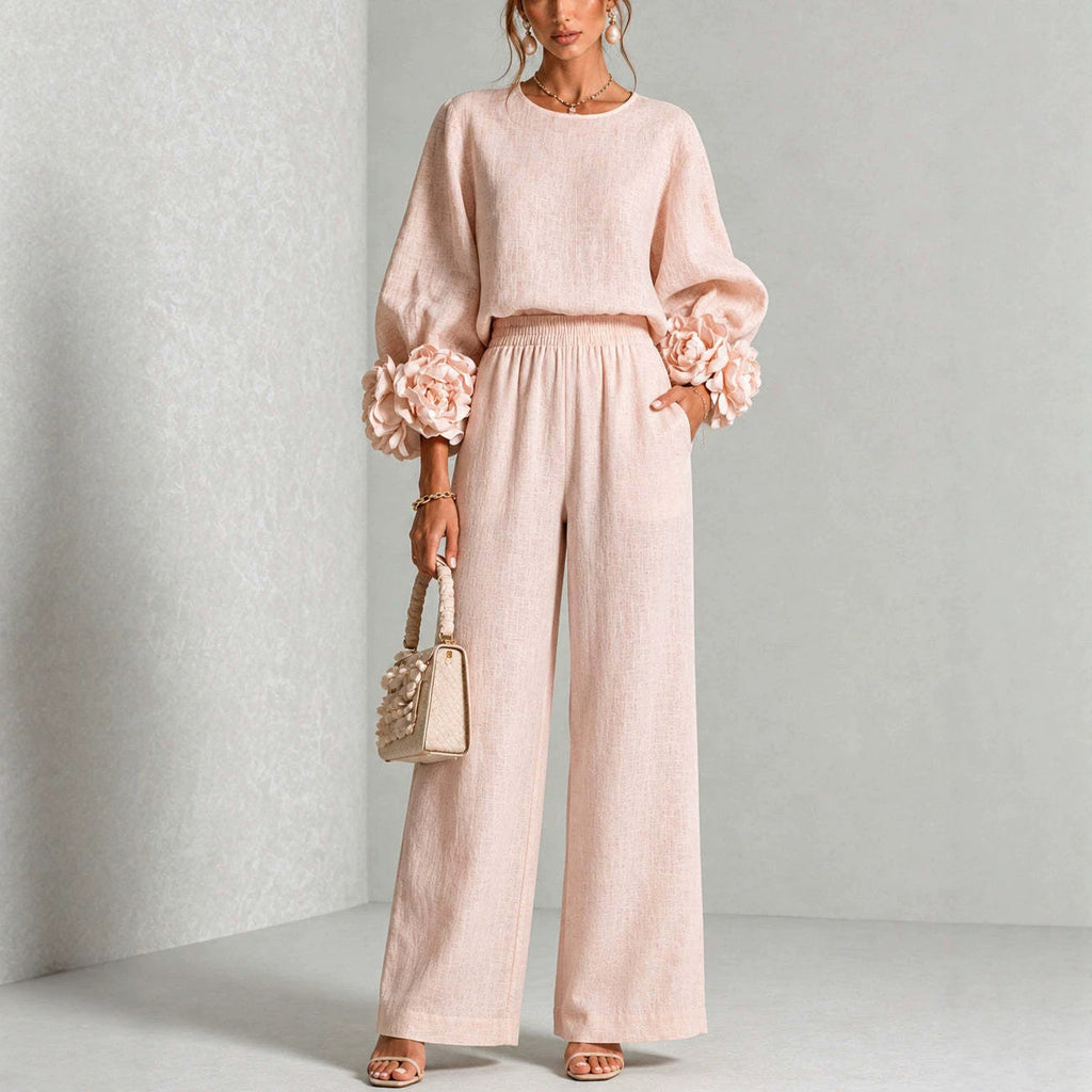 Women's Floral Cuff Two Piece Set - Relaxed Wide Leg Lounge Outfit