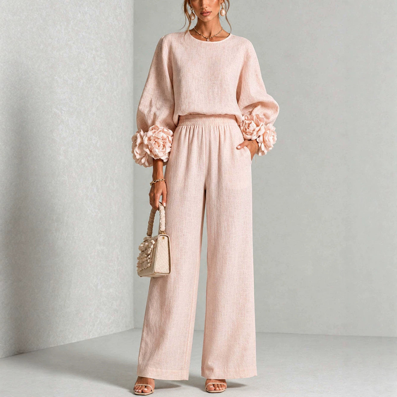 Women's Floral Cuff Two Piece Set - Relaxed Wide Leg Lounge Outfit
