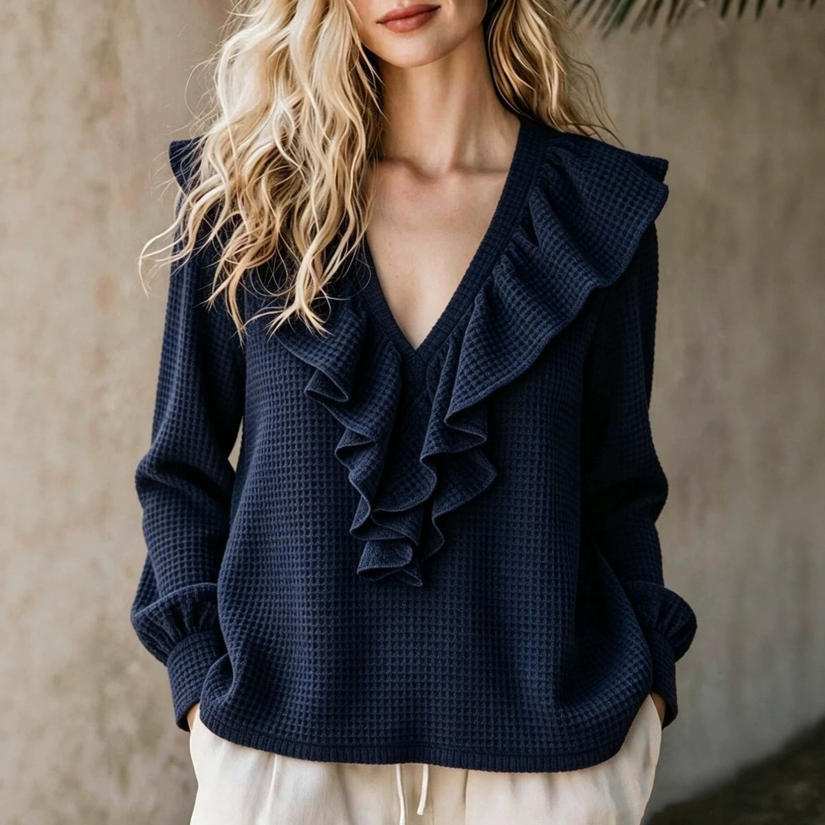 Waffle-Knit V-Neck Top - Soft and Feminine