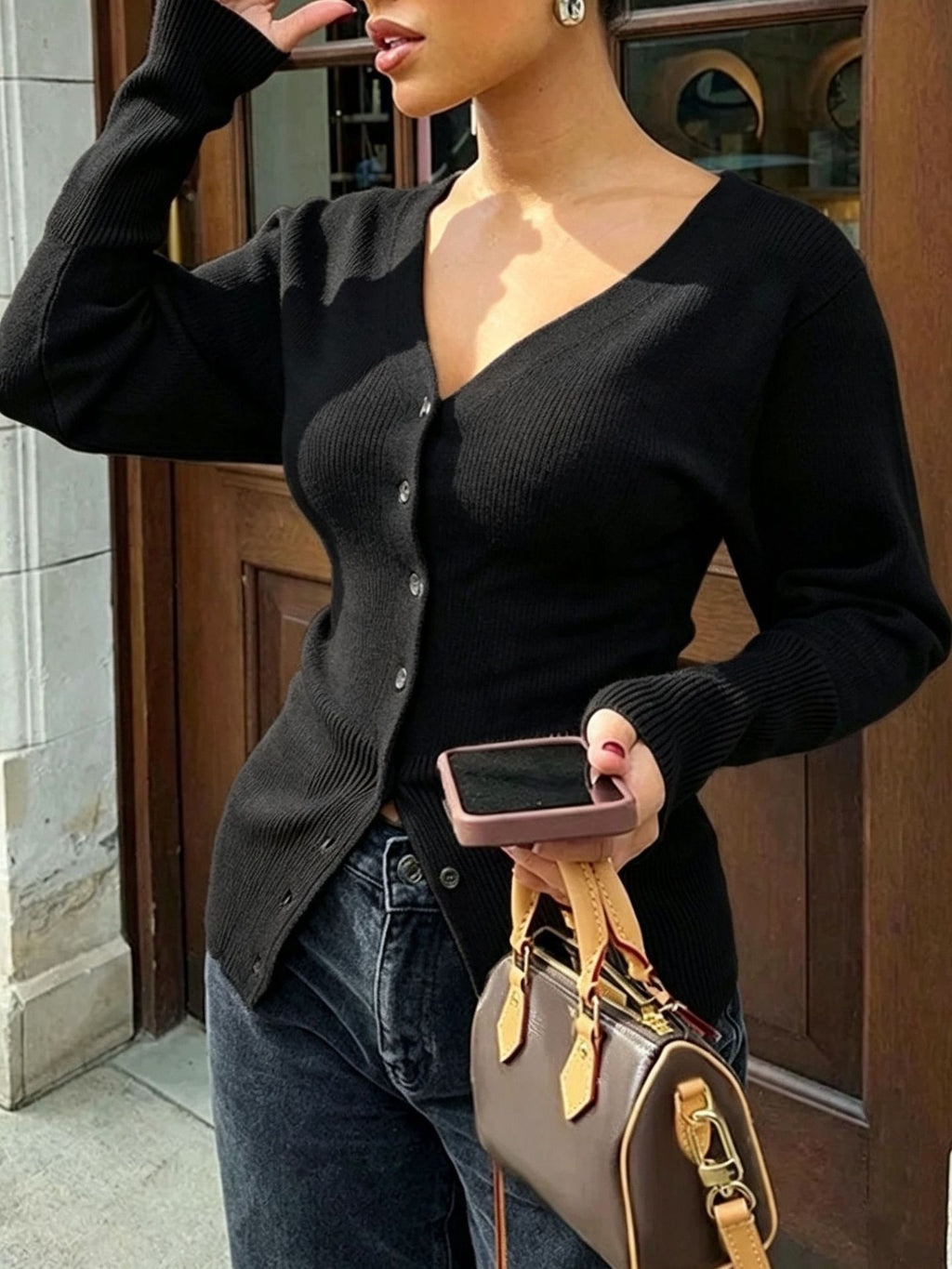 Slim-Fit V-Neck Knit Top - Soft and Shaped