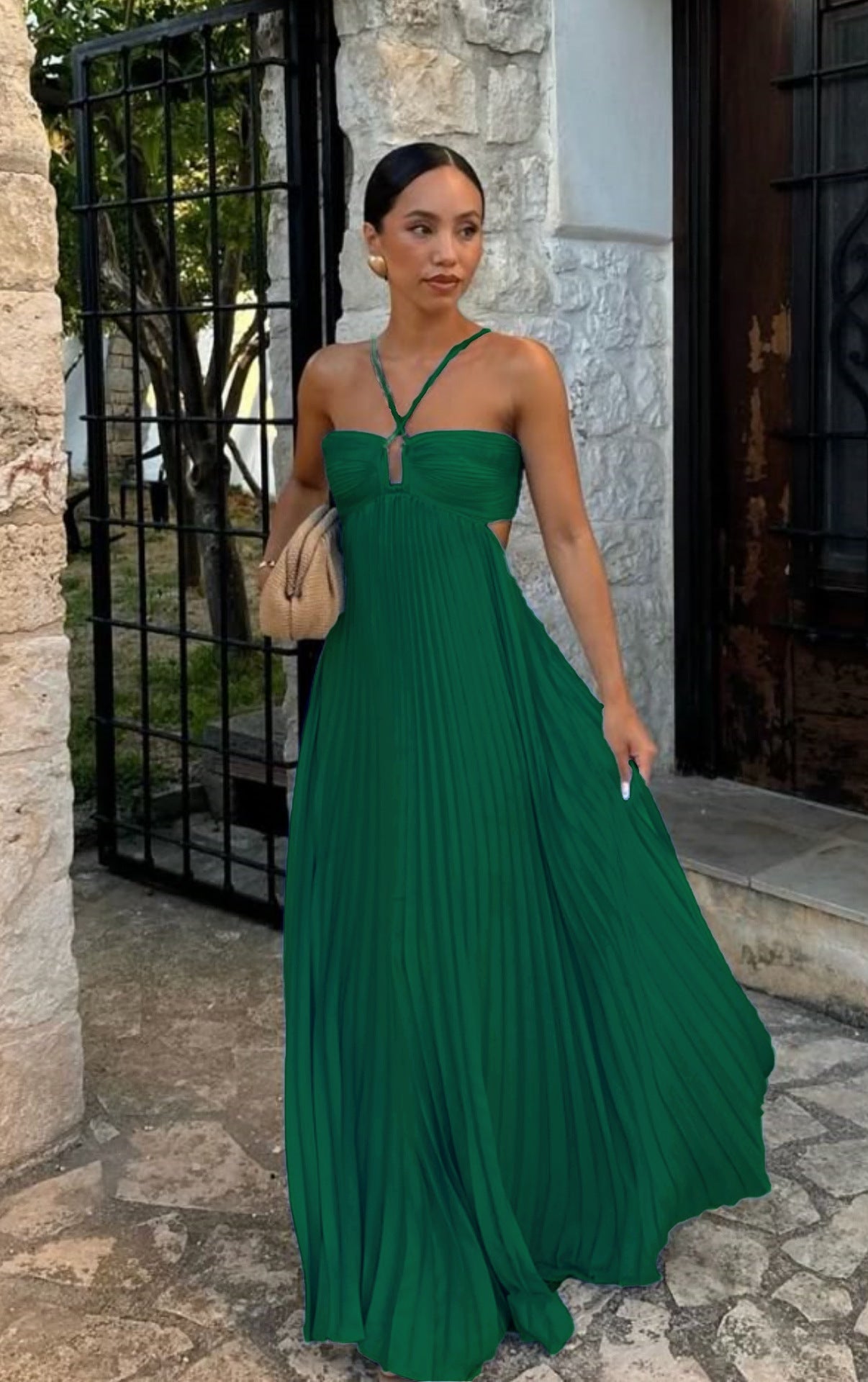 Women's Pleated Sleeveless Halter Dress – Elegant Evening Party Style