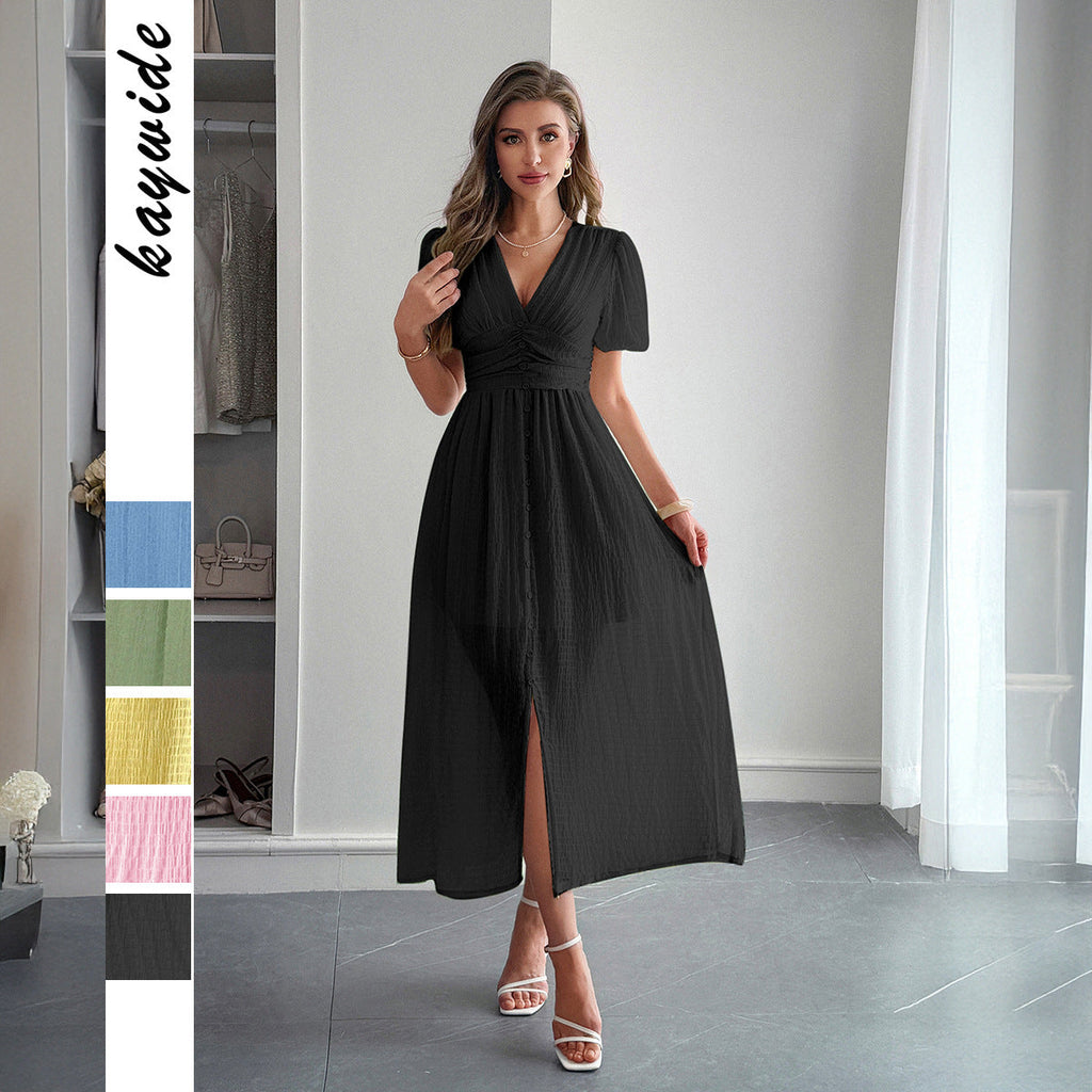 Women's Pleated Deep V-Neck Maxi Dress – Elegant Flowy Summer Dress