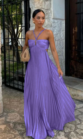 Women's Pleated Sleeveless Halter Dress – Elegant Evening Party Style