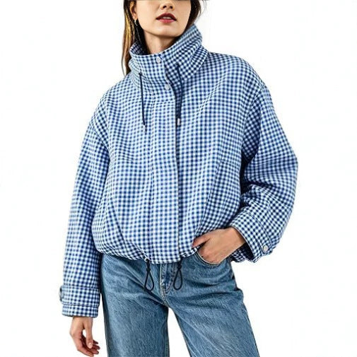 Women’s Plaid Stand Collar Zip-Up Jacket – Stylish Casual Short Outerwear