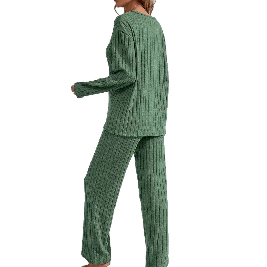 Women's Ribbed Long-Sleeve Top and Pants Set – Casual Comfortable Loungewear