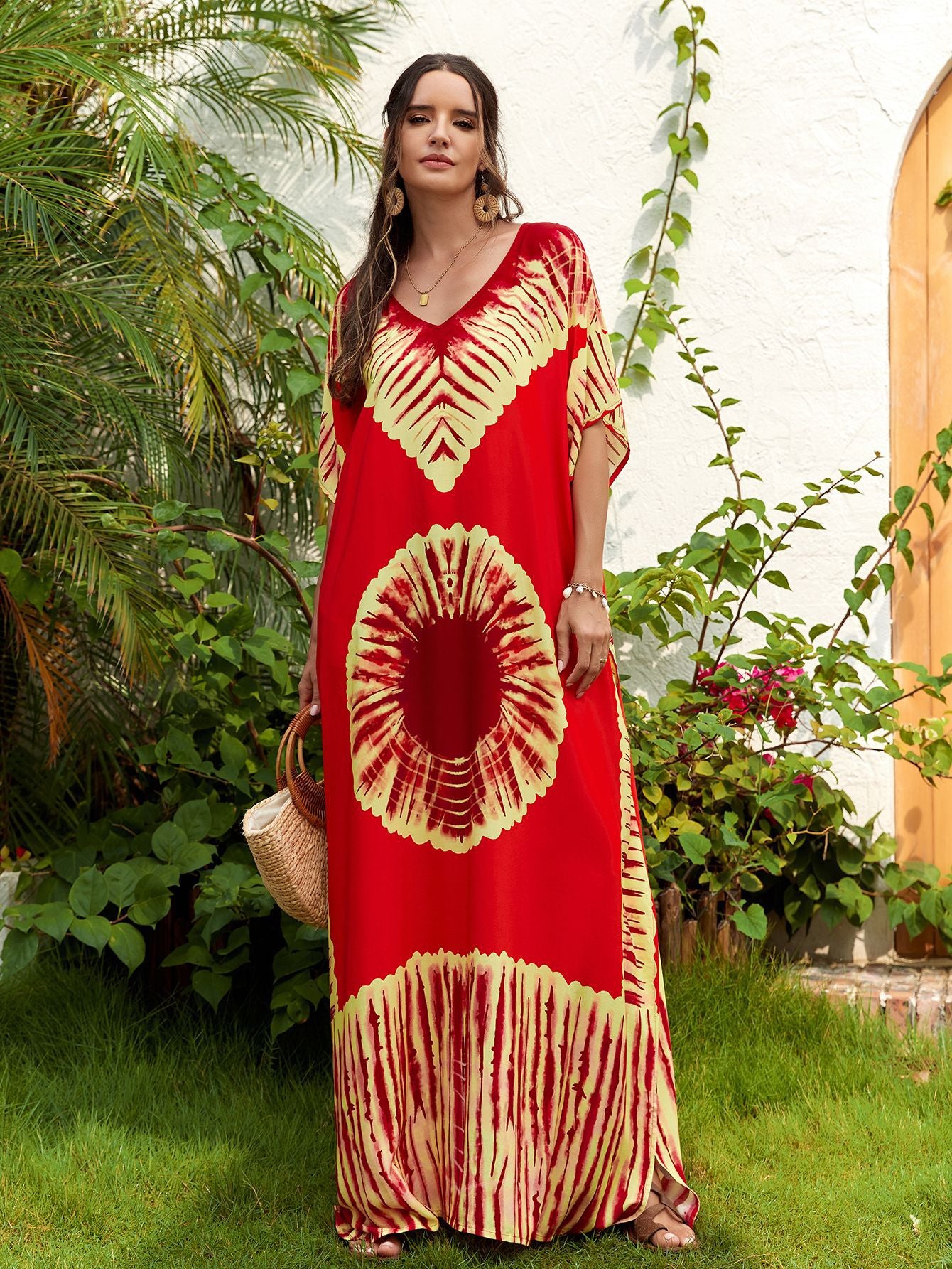 Women's Printed V-Neck Maxi Holiday Dress - Relaxed One Size Daywear