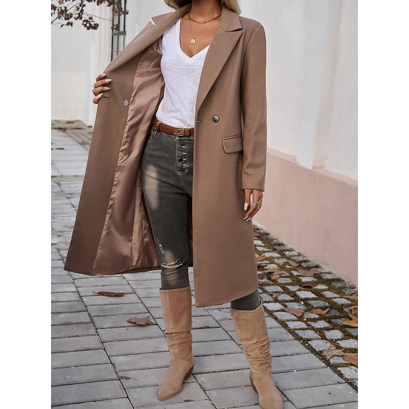Women’s Long Winter Coat with Lapel Collar – Warm Elegant Outerwear