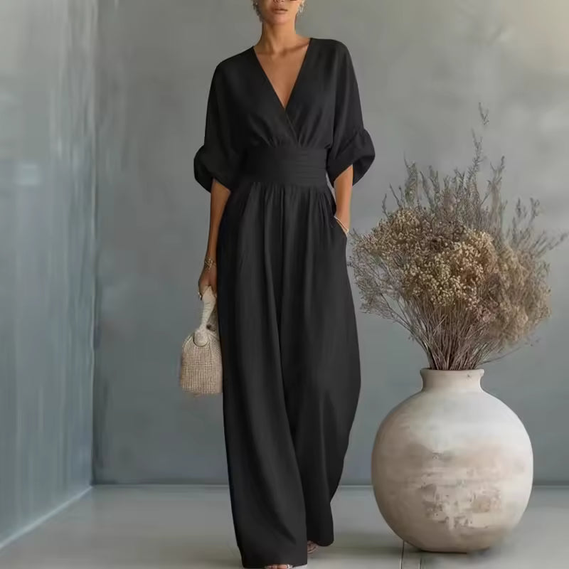 Women's Deep V Neck Wide Leg Jumpsuit - Elegant Occasion One Piece