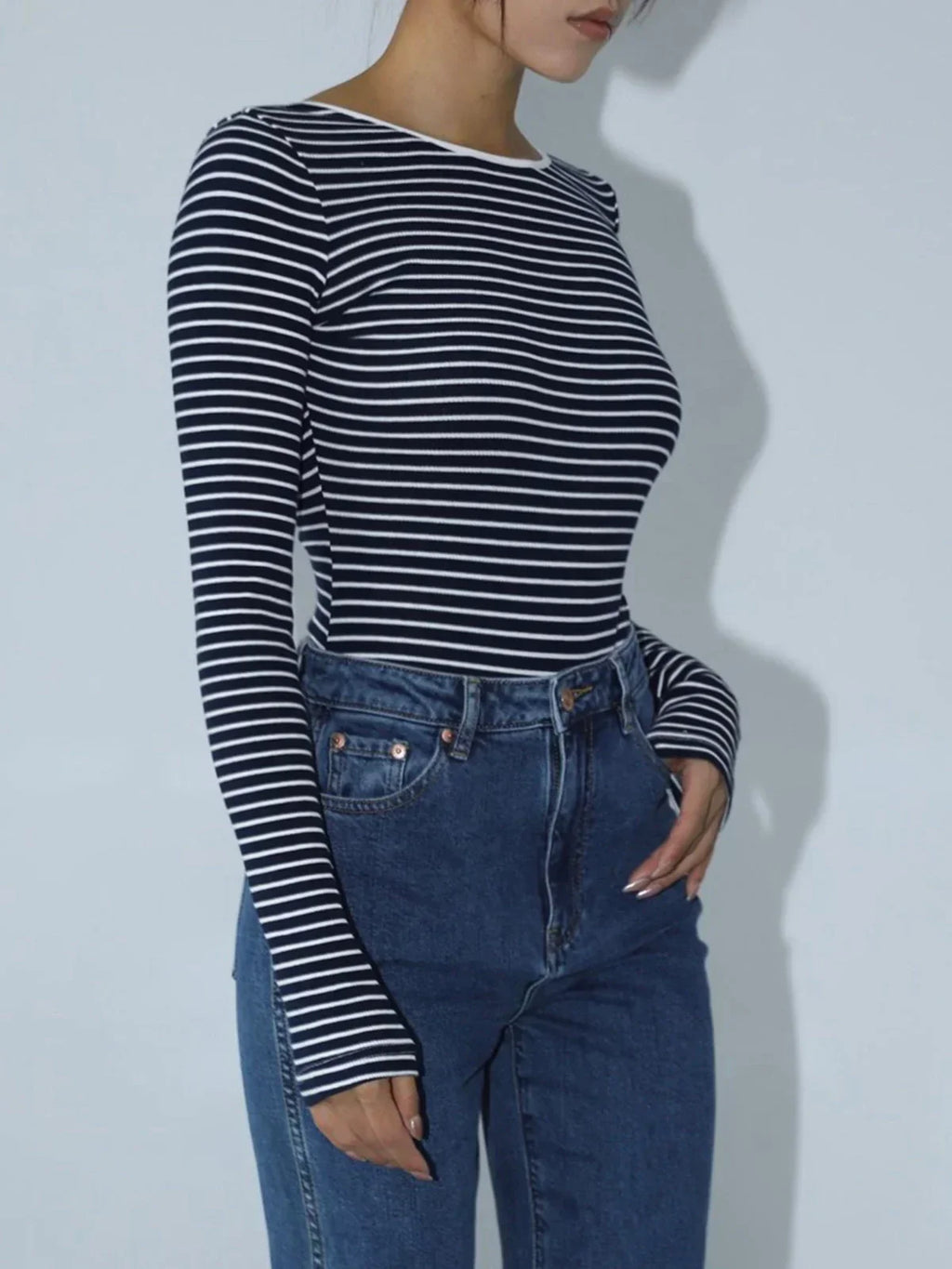 Women's Open-Back Long Sleeve Bodysuit - Sleek Fitted Layer