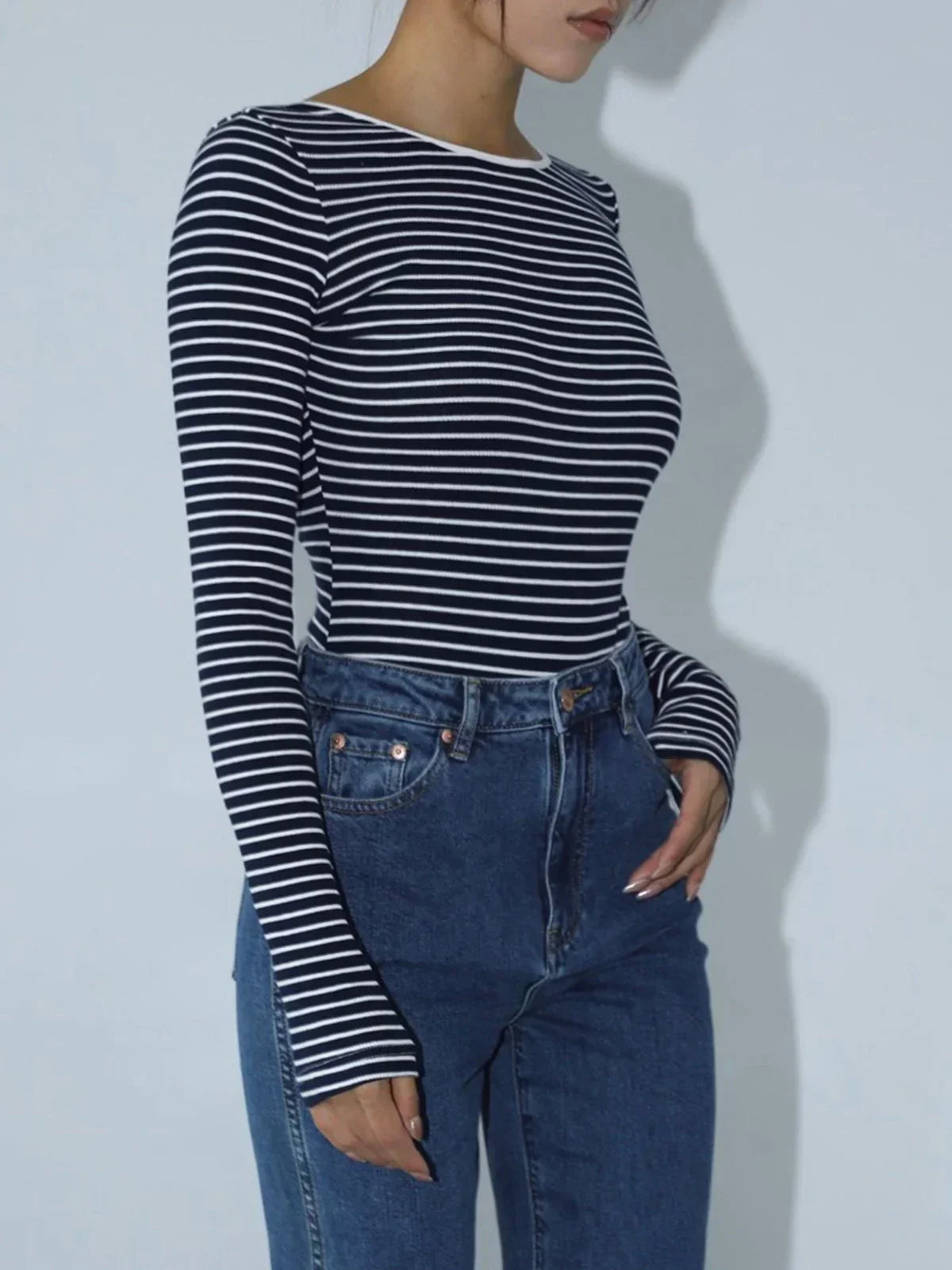 Women's Open-Back Long Sleeve Bodysuit - Sleek Fitted Layer