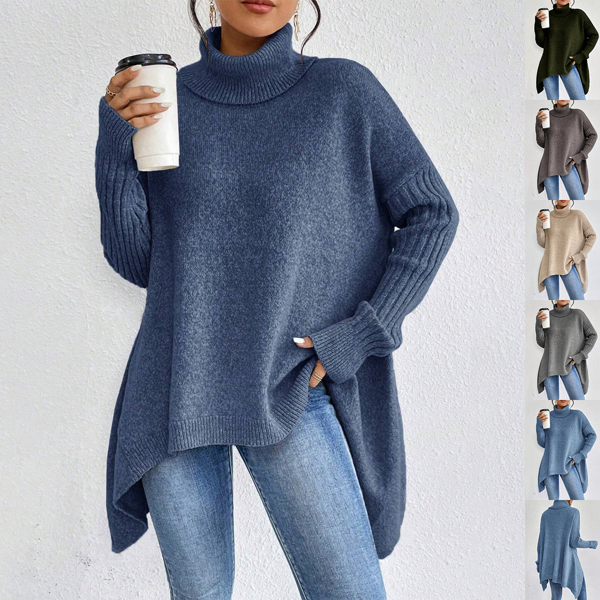 Women’s Irregular Turtleneck Sweater – Loose Knit Long-Sleeve Pullover