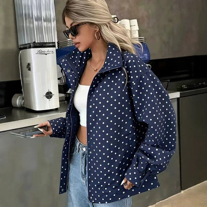 Women’s Polka Dot Printed Woven Jacket – Relaxed-Fit Stylish Short Coat