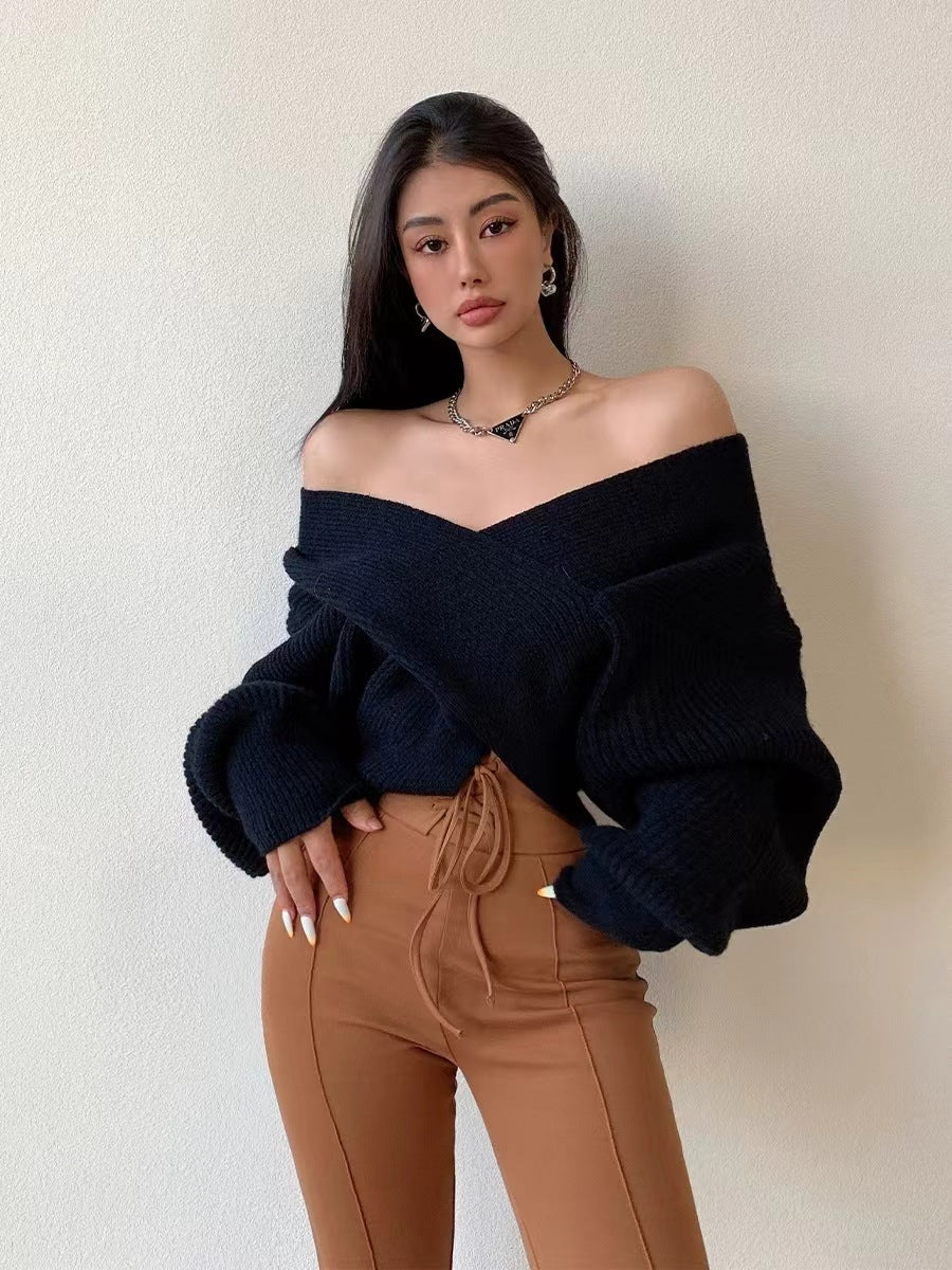 Cross V-Neck Off-Shoulder Knit Pullover - Soft and Feminine