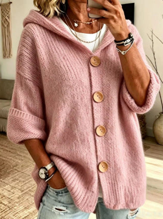 Women’s Solid Color Hooded Cardigan Sweater – Long Sleeve Button-Down Knit Casual Everyday Style