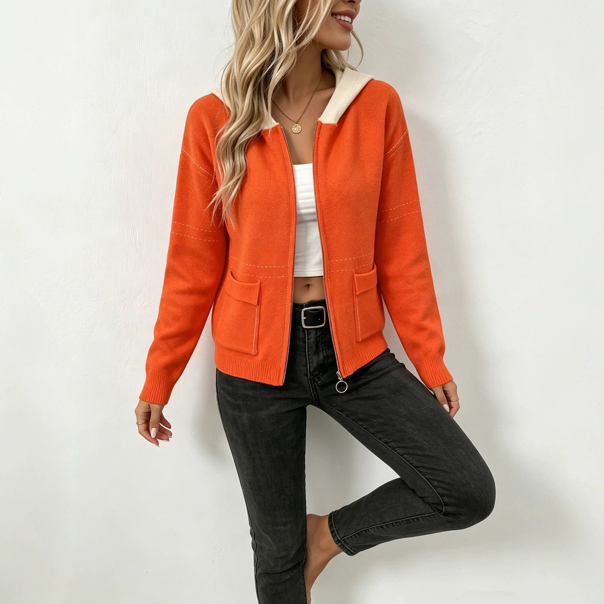 Zip-Up Hooded Knit Cardigan - Cozy and Casual