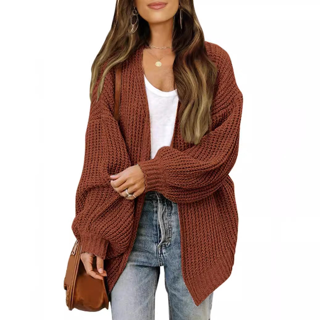 Women’s Chunky Knit Cardigan Coat – Lantern Sleeve Cozy Oversized Style