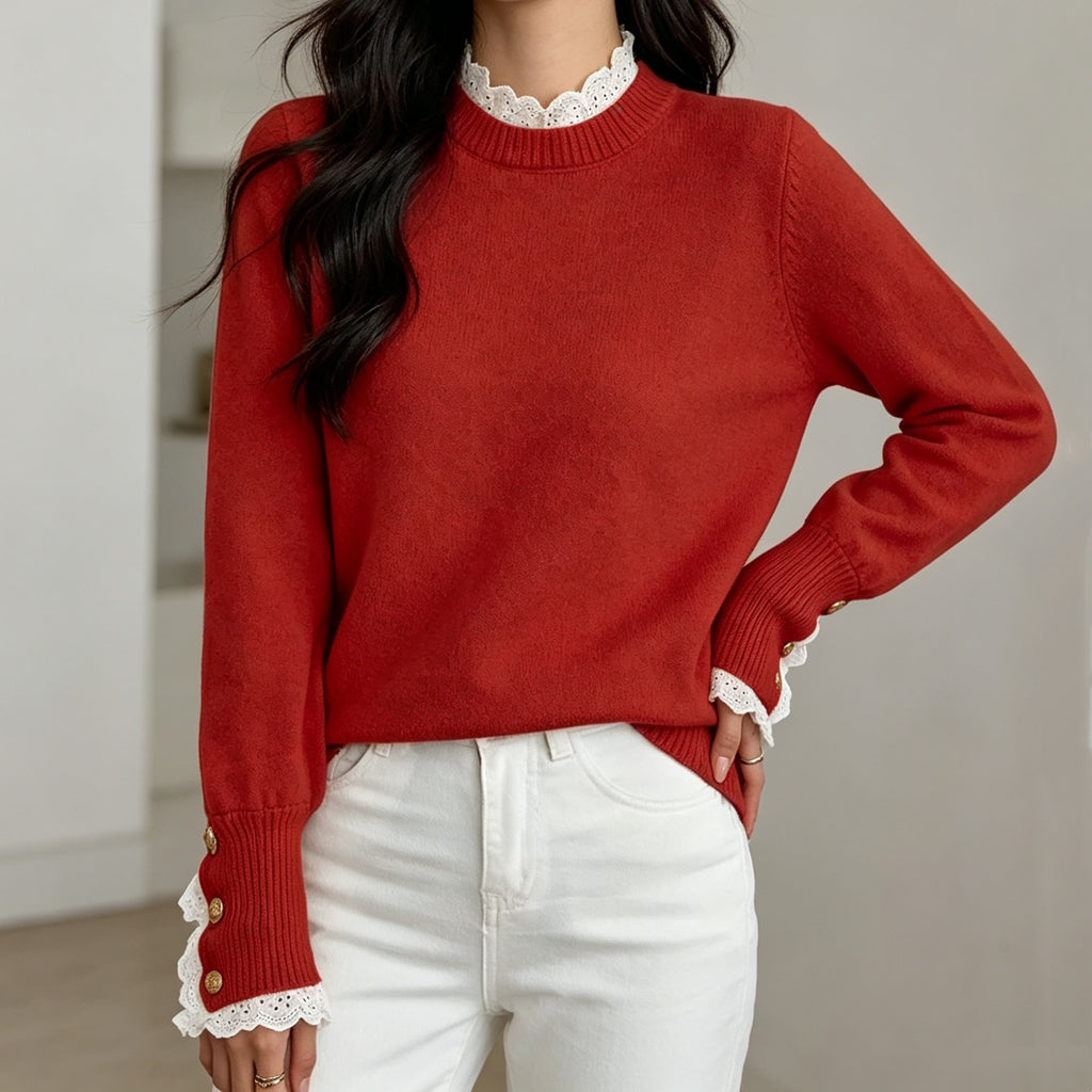 Women's Lace Detail Knit Sweater - Soft Round Neck Everyday Top
