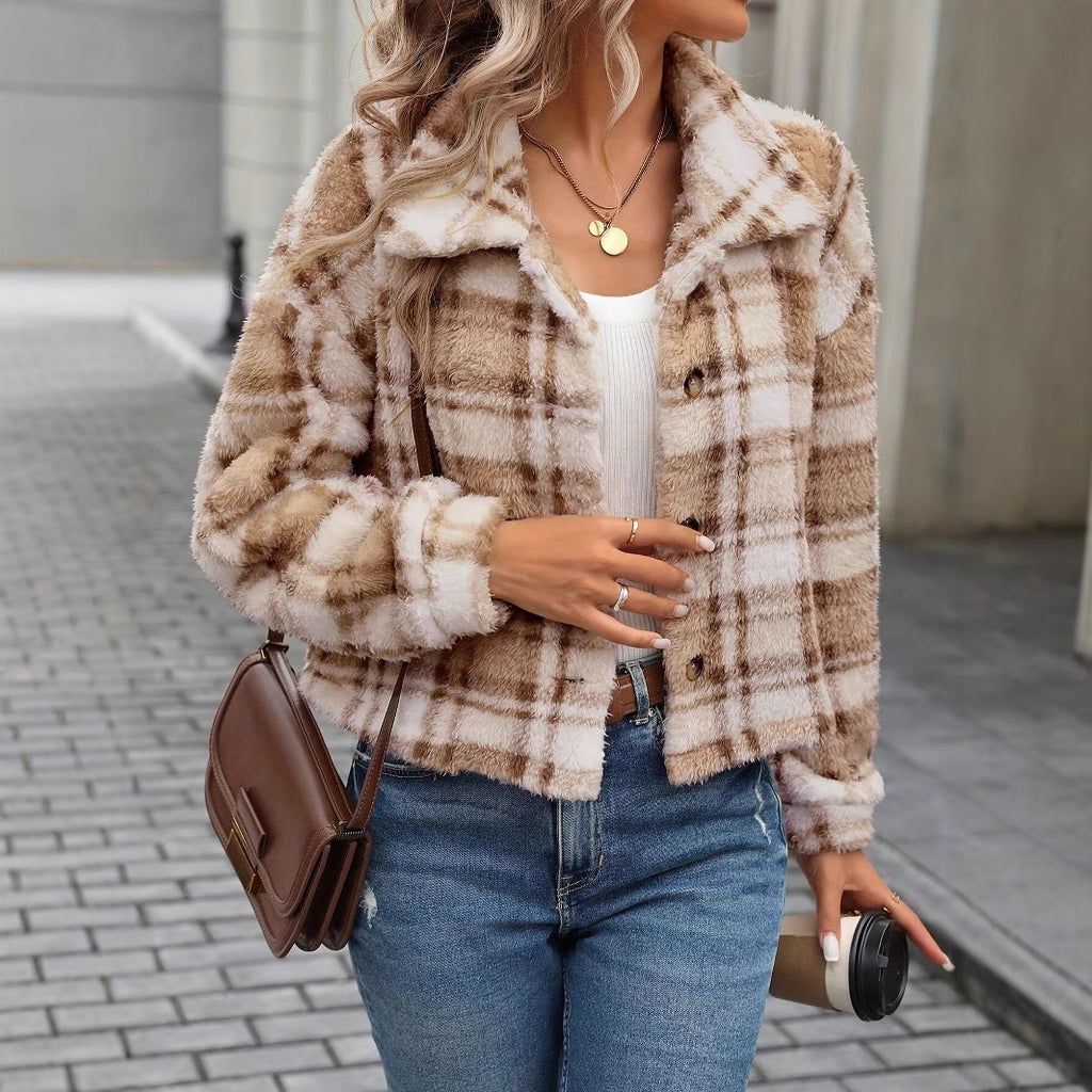 Double-Sided Plush Plaid Jacket - Soft and Casual