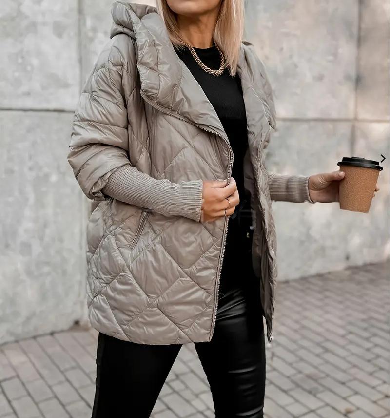 Women’s Hooded Zip-Up Puffer Jacket – Chic Patchwork Warm Winter Style