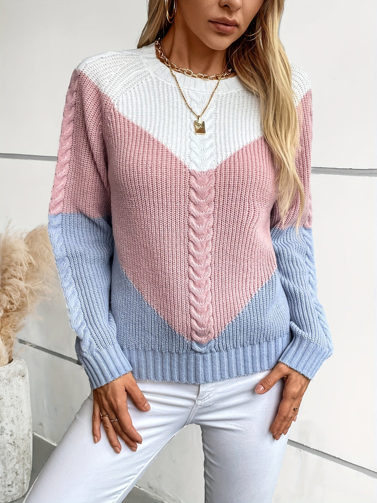 Colour-Block Cable Sweater - Soft and Bright