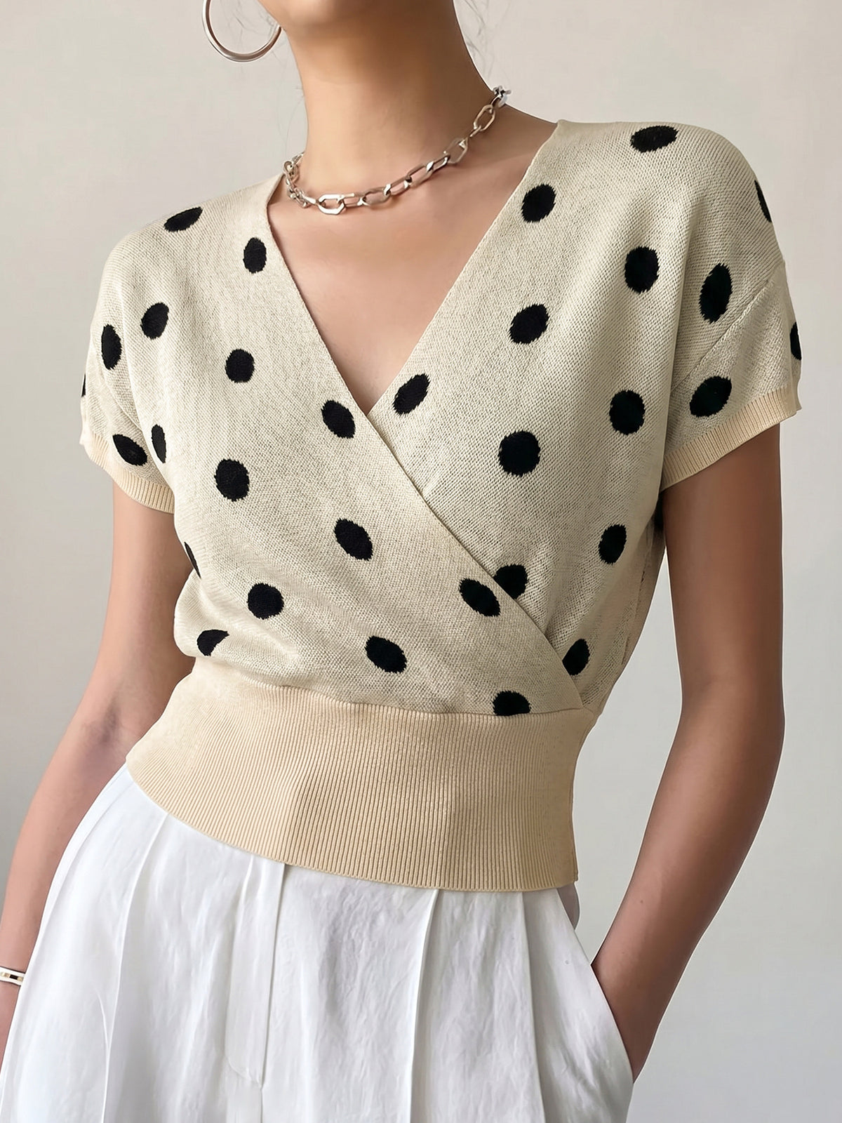 Polka-Dot V-Neck Knit Top - Light and Feminine