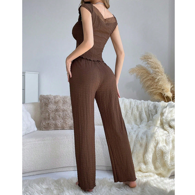 Damespyjamaset met V-hals en kant – Nauwsluitende nachtkleding met strikdetail
