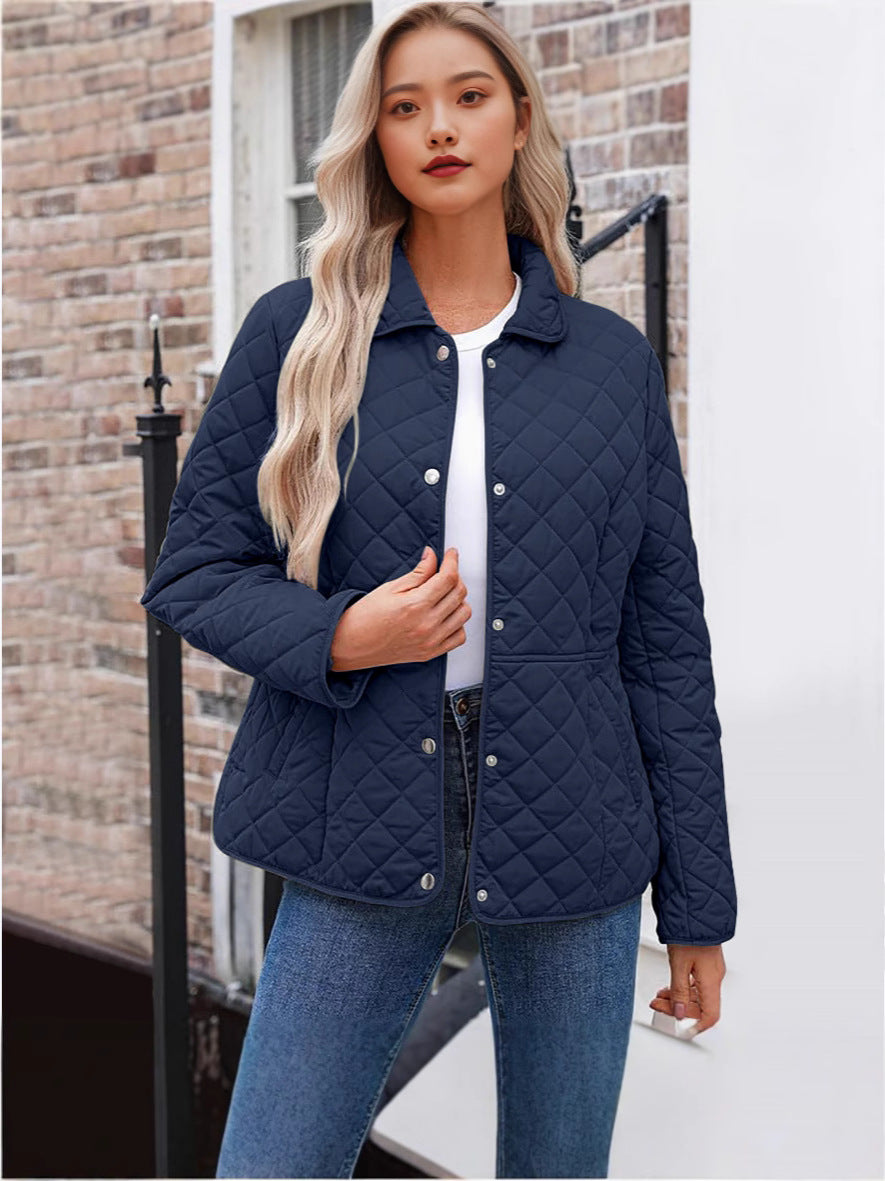 Women’s Solid Color Quilted Jacket – Casual Lapel Warm Outerwear Style