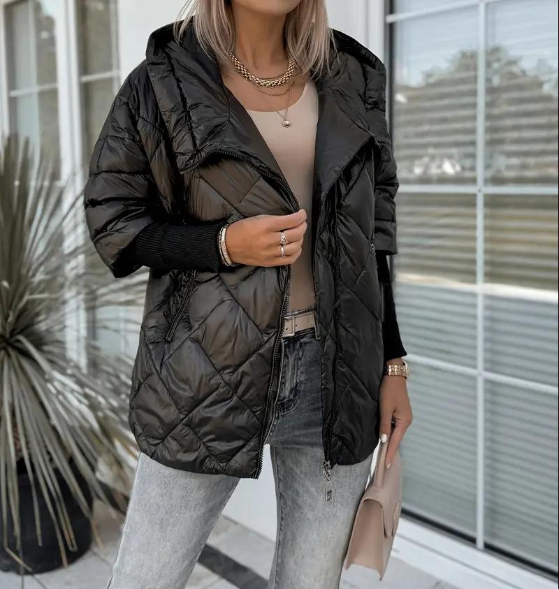 Women’s Hooded Zip-Up Puffer Jacket – Chic Patchwork Warm Winter Style