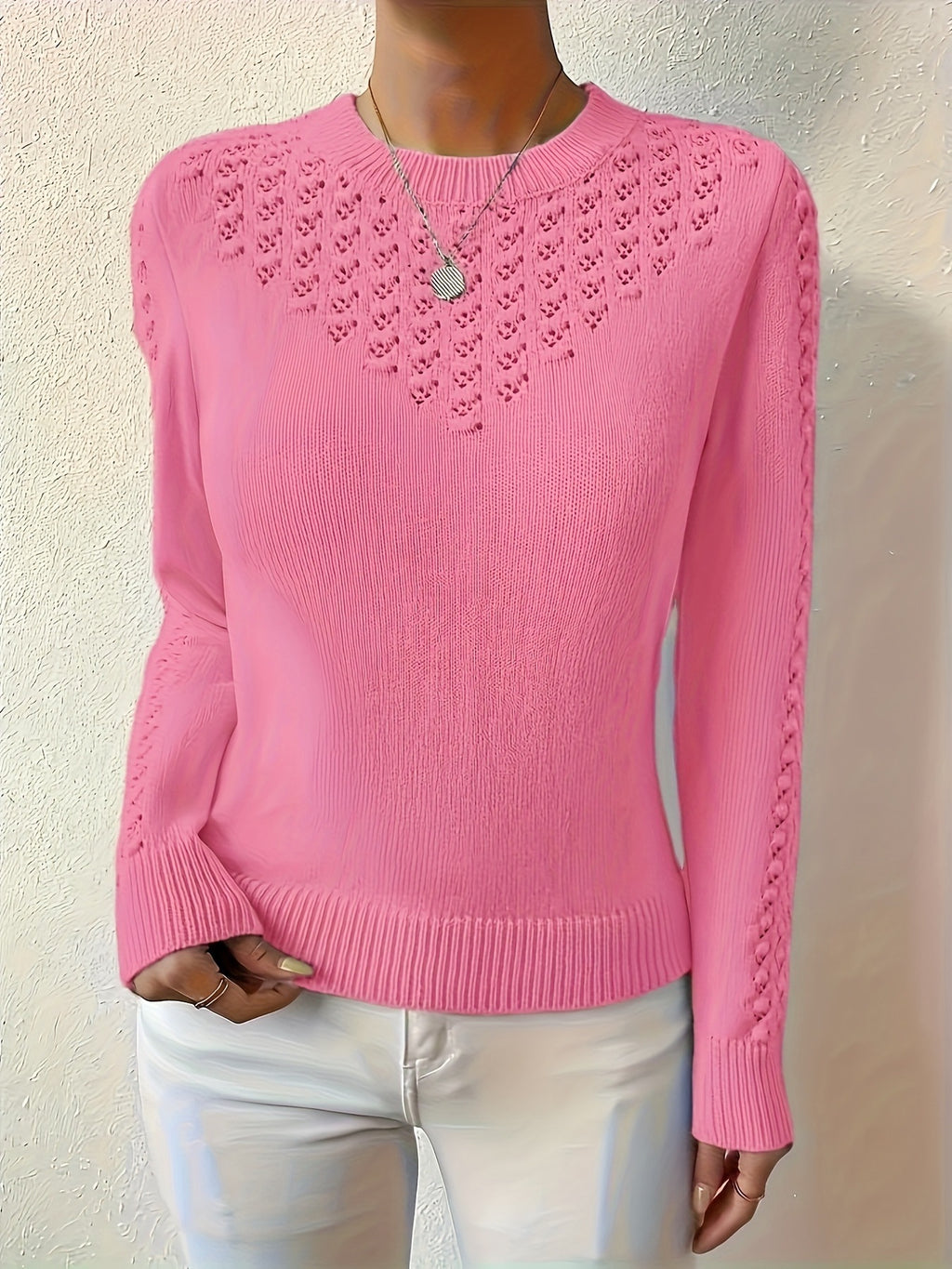 Hollow-Out Crewneck Knit Sweater - Light and Feminine