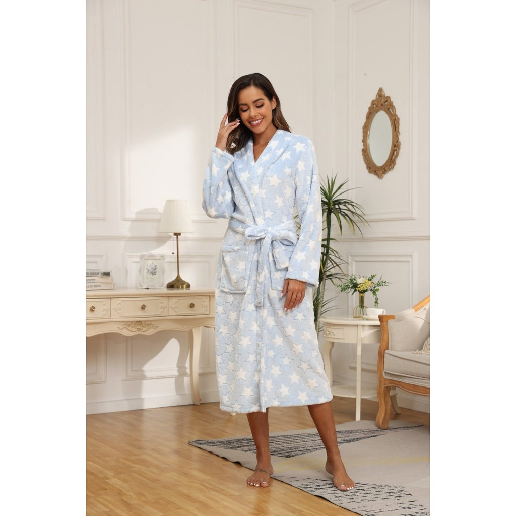 Women’s Star-Pattern Blue Fleece Bathrobe – Lightweight Cozy Spa and Home Robe