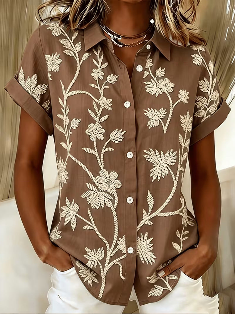 Women's Floral Short Sleeve Blouse - Leaf Print Relaxed Summer Top