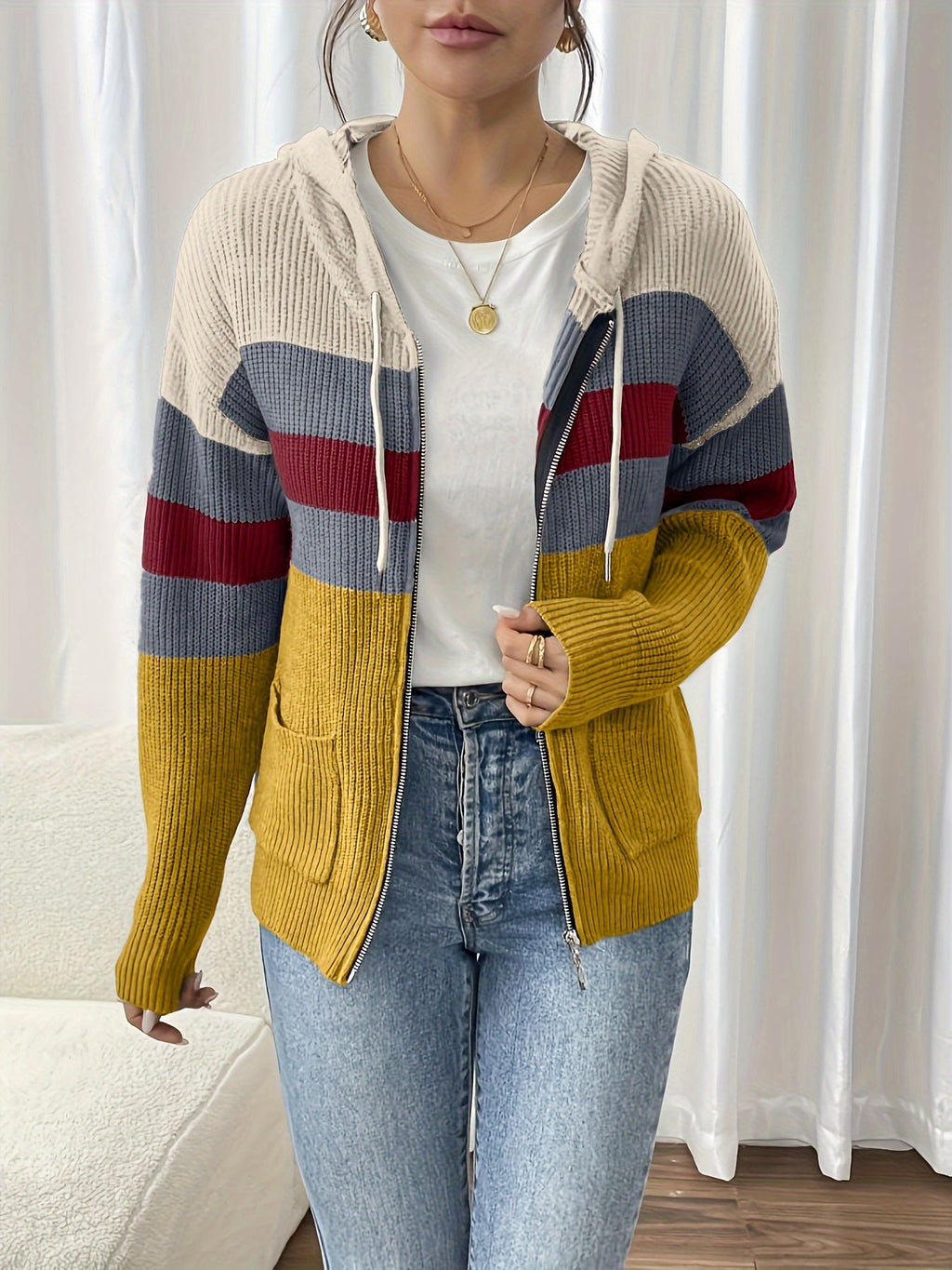 Women’s Color Block Hooded Zip Cardigan – Cozy Casual Layer