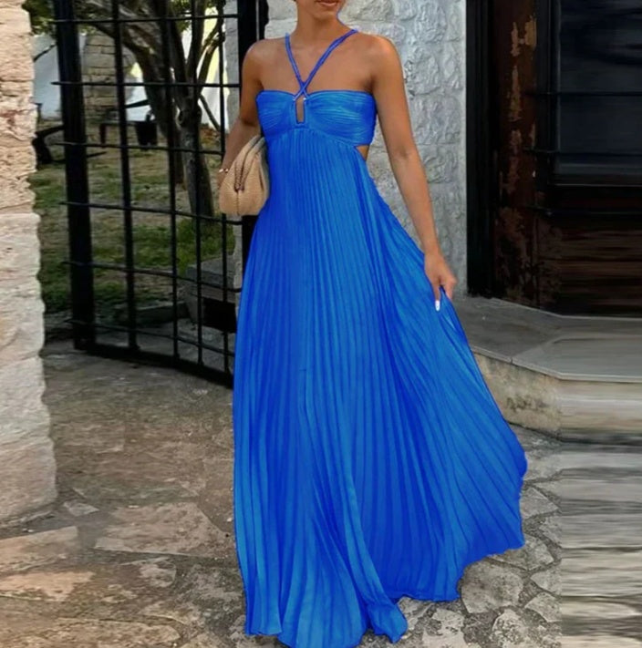 Women's Pleated Sleeveless Halter Dress – Elegant Evening Party Style