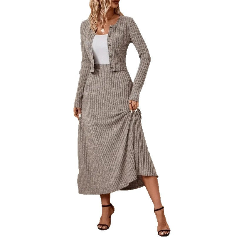 Women's Knit Cardigan and Midi Skirt Set - Relaxed Matching Look