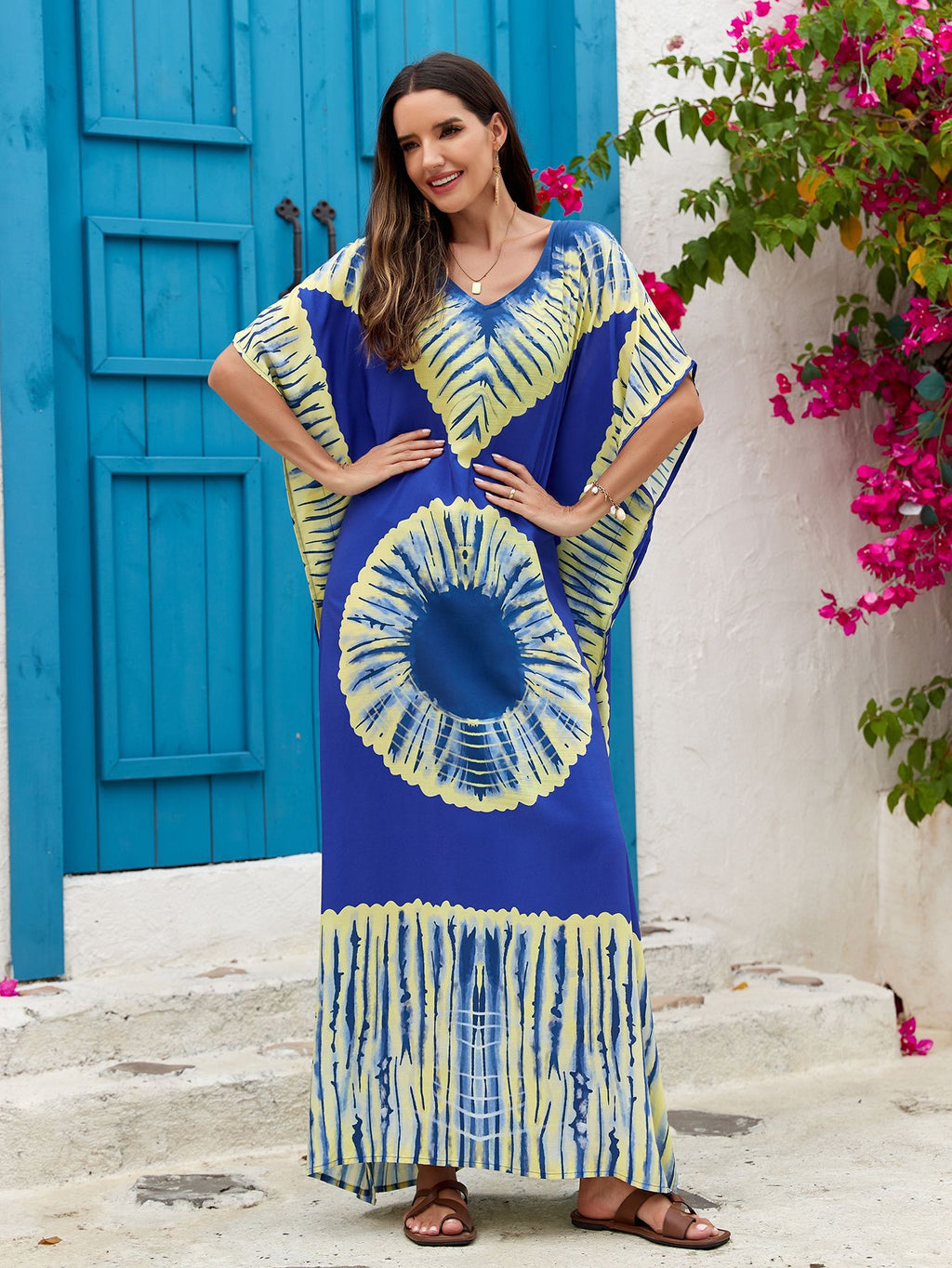 Women's Printed V-Neck Maxi Holiday Dress - Relaxed One Size Daywear