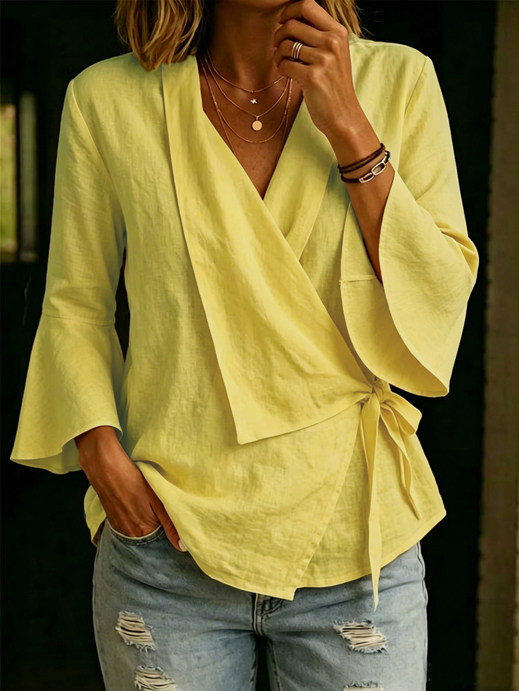 Women's Asymmetrical Tie Blouse - Flared Sleeve Notch Lapel Top