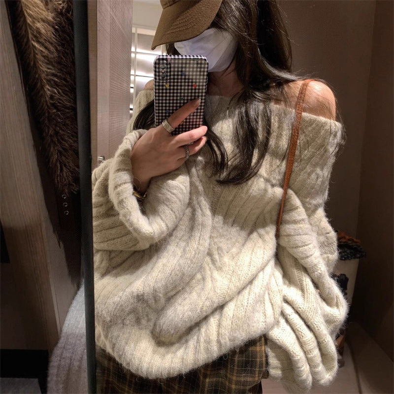Women’s Off-Shoulder Faux Mink Knit Top – Soft Cozy Elegant Style
