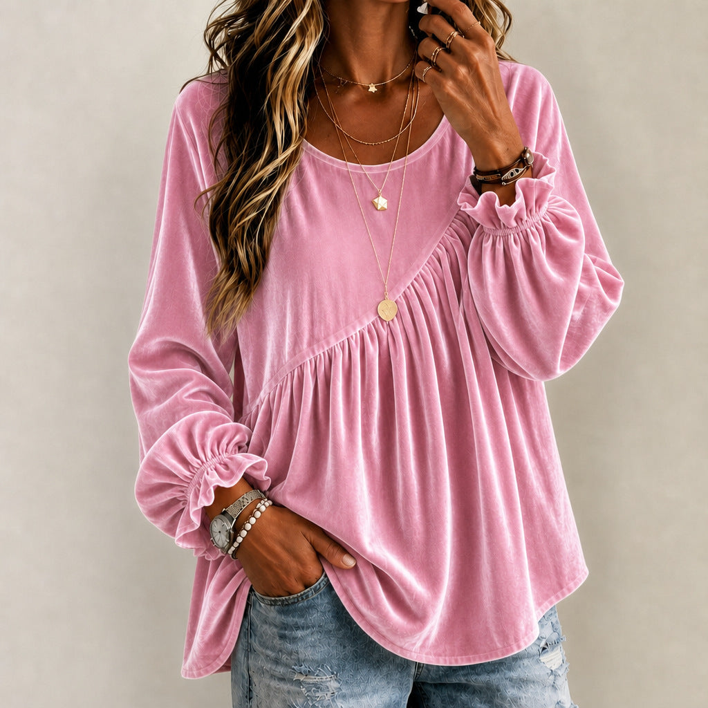 Women’s Velvet Crew Neck Ruffle Top – Relaxed Fit Elegant Style