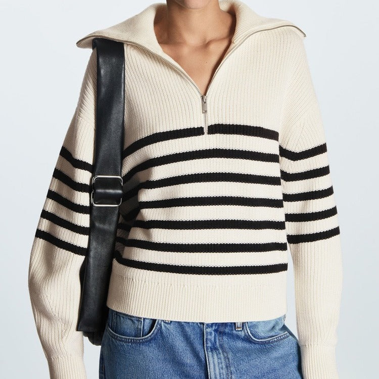 Women’s Half-Zip Striped Sweater – Long Sleeve Cozy Casual Autumn Winter Style