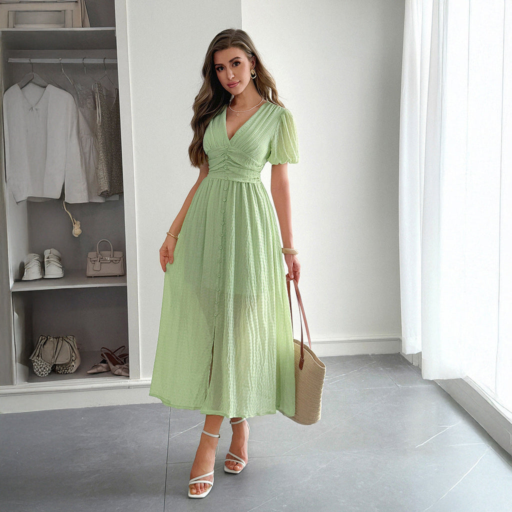 Women's Pleated Deep V-Neck Maxi Dress – Elegant Flowy Summer Dress