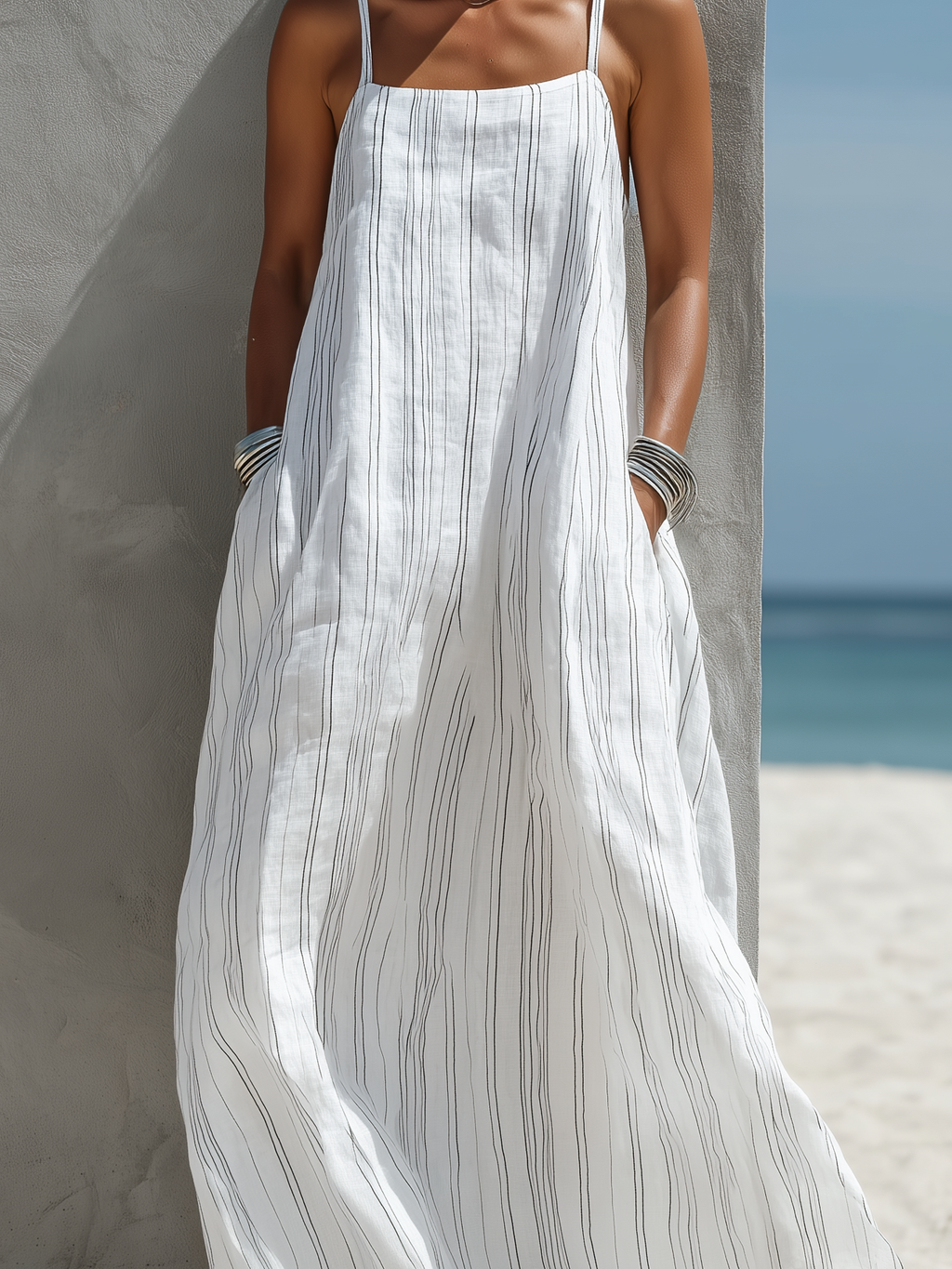 Women's Striped Sleeveless Maxi Dress - Relaxed Woven Summer Style