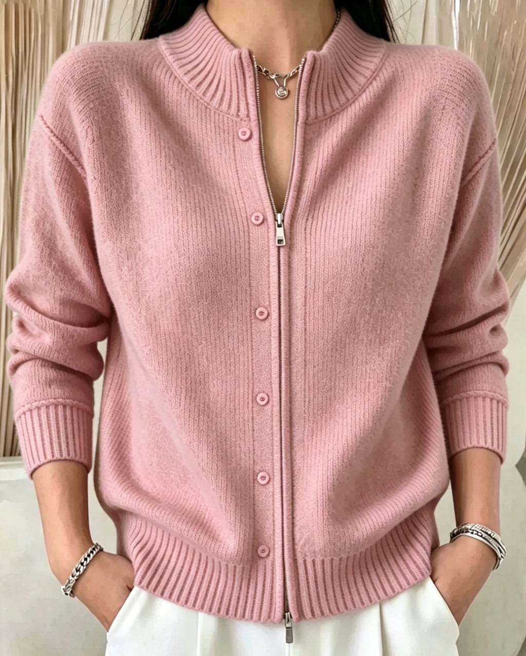 Zip-Up Crewneck Knit Sweater - Soft and Modern