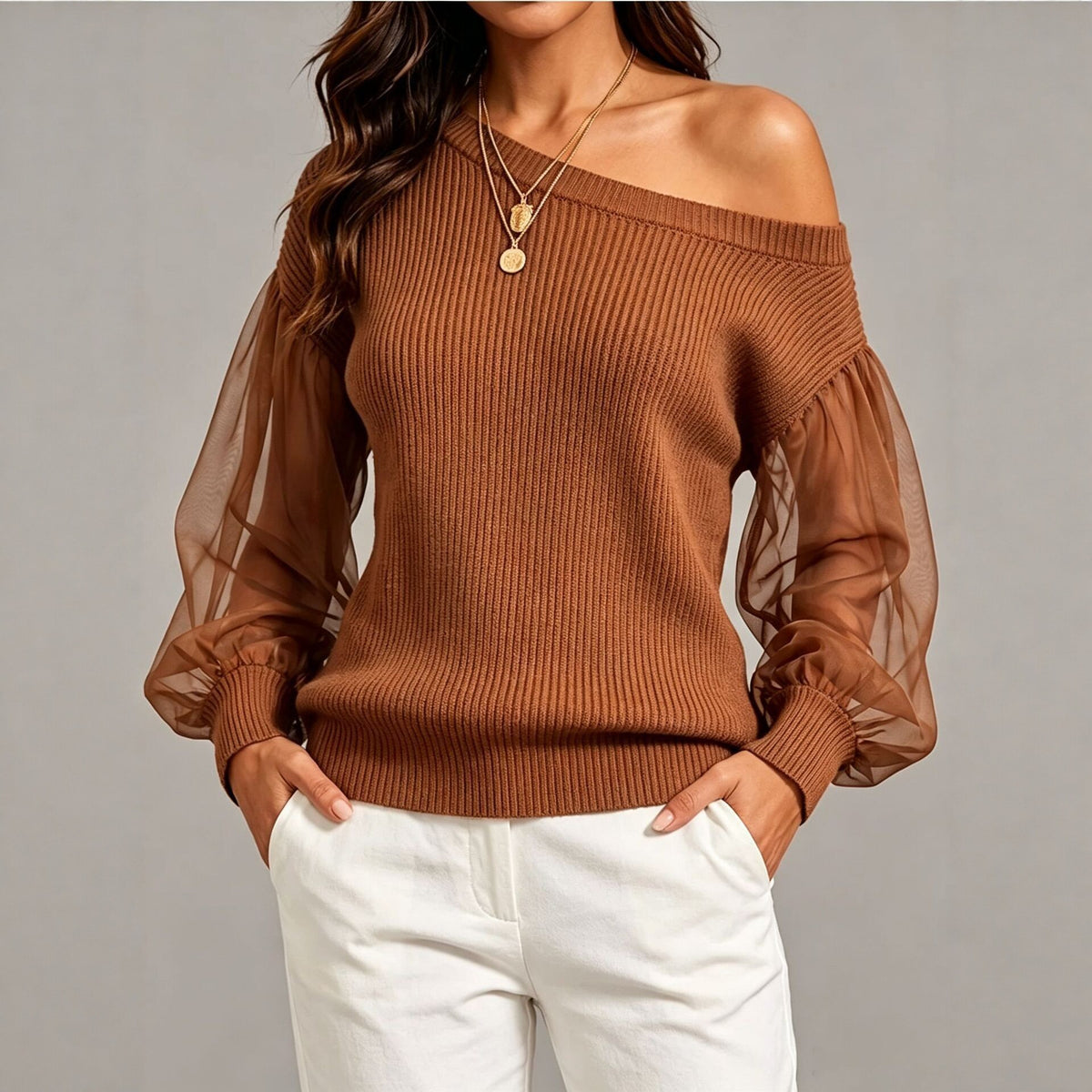 Women’s One-Shoulder Knit Sweater – Relaxed Long Sleeve Style