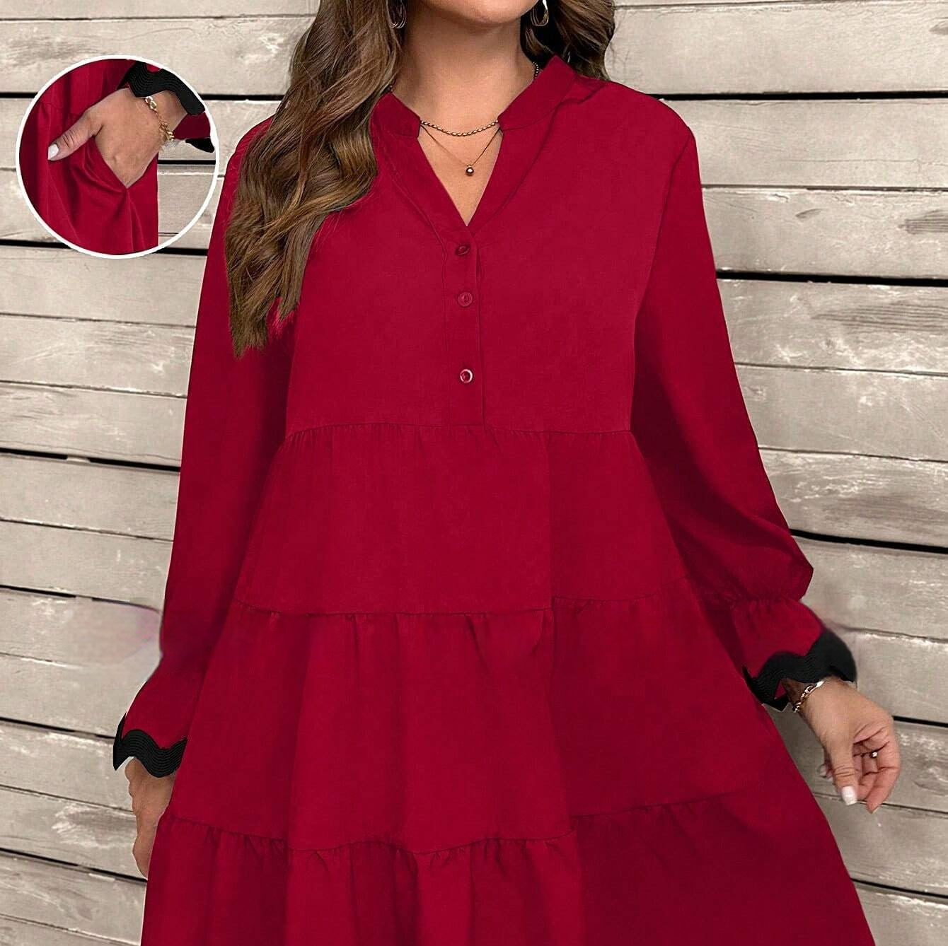Women's Spliced V-Neck Midi Dress - Relaxed Long Sleeve Everyday Style