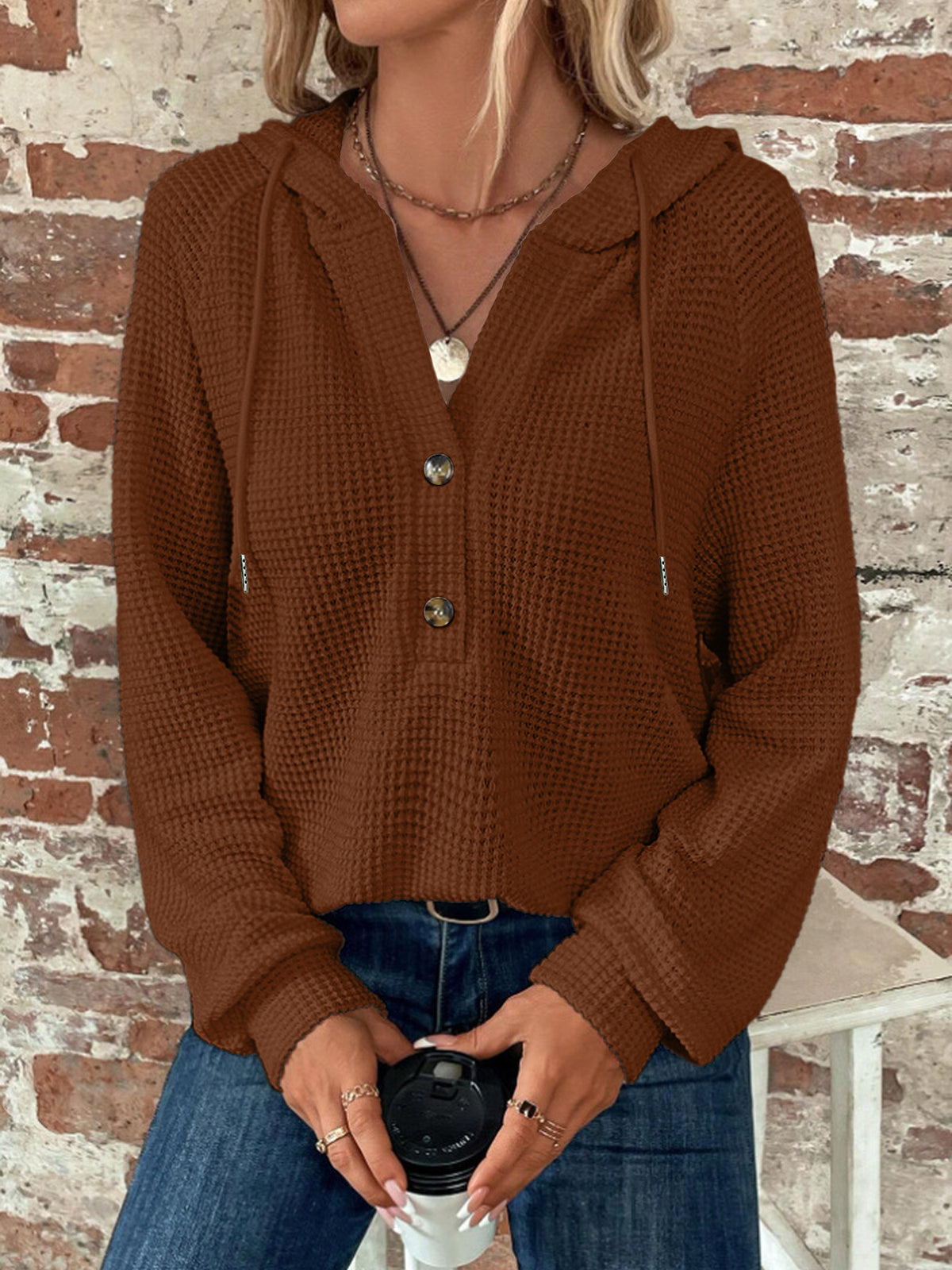 Women’s Solid Color Hooded Sweatshirt – Loose-Fit Button-Up Fall Winter Style