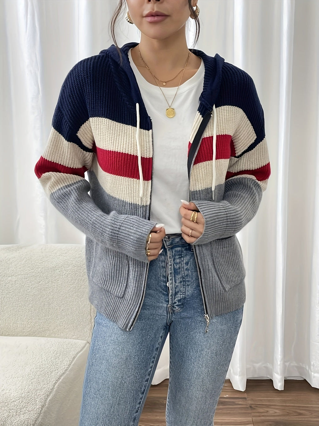 Women’s Color Block Hooded Zip Cardigan – Cozy Casual Layer